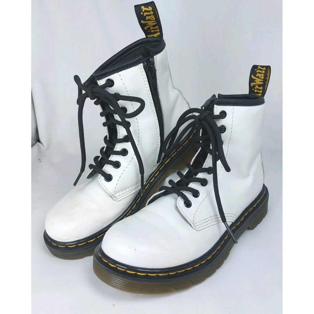 Doc Martens Air Wair 1460J Girls Combat Boots White Lace-Up Side Zip Sz 1 *READ